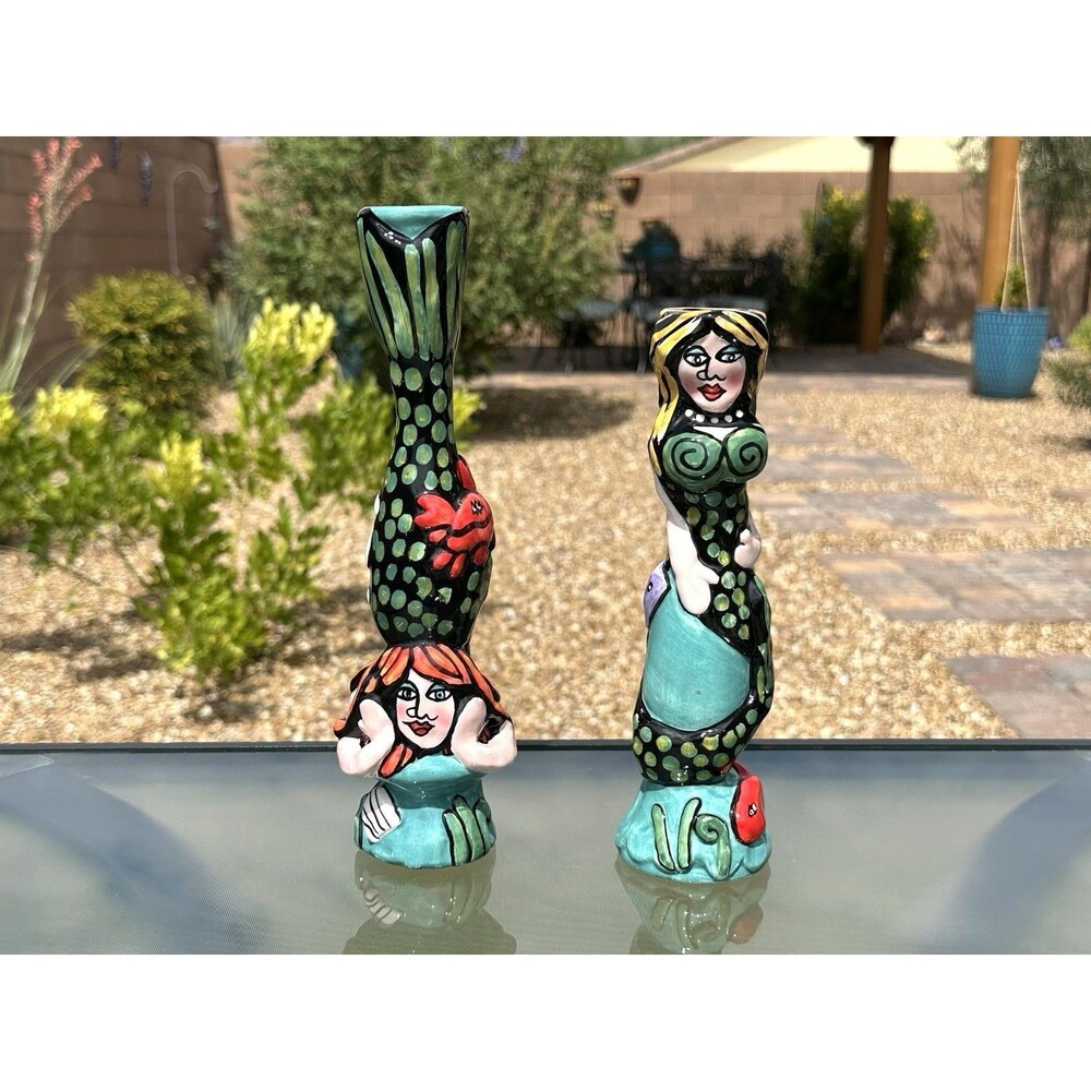 2 Nicole Engblom Under the Sea Mermaid Ceramic Candle Stick Holders Whimsical